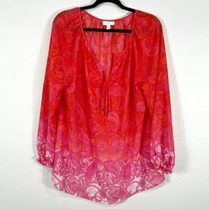 Charter Club Floral Paisley Sheer Long Sleeve Blouse Women's 1X Tie Neck Dip Dye